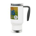 White ceramic mug with a large, colorful label wrapping the side, showing blue numbers and a grassy design.