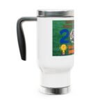 White mug with a black handle and a green sports-themed label showing a large blue number 2 and a trophy graphic on a grass background