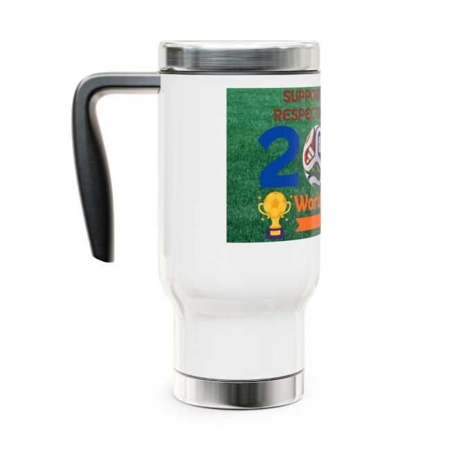 White mug with a black handle and a green sports-themed label showing a large blue number 2 and a trophy graphic on a grass background