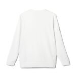 Back view of a plain white sweatshirt with long sleeves and a crew neck, on a white background.