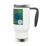 White travel mug with a silver lid, green graphic label partially wrapped around the side and a dark gray handle visible on the right.