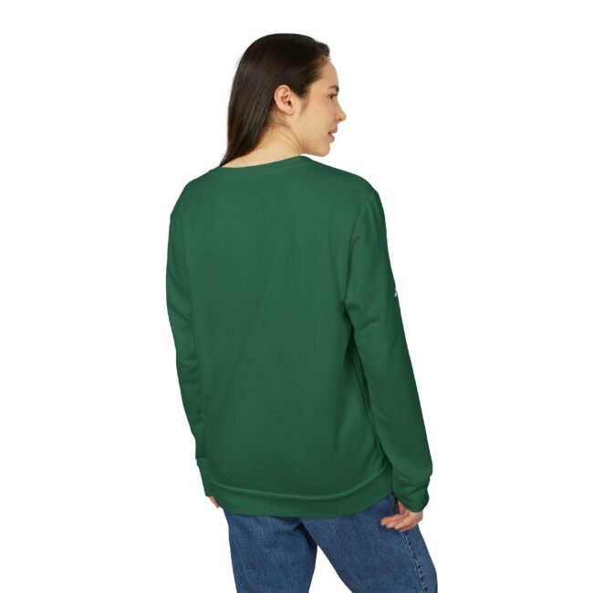 Back view of a person with dark hair wearing a green top and blue jeans, looking to the right.