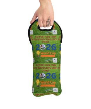 Hand gripping a round, grass-green sign with World Cup graphics and the slogan 'Support Our Team'.