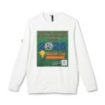 White sweatshirt featuring a large green poster with red text about supporting the team and respecting each other (soccer imagery visible)