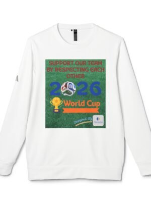 4289371996523782274_2048jpeg | the Mindset Designed White Sweatshirt Featuring a Large Green Poster with Red Text About Supporting the Team and Respecting Each Other (soccer Imagery Visible)