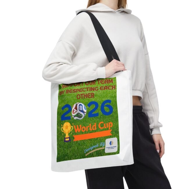 Person wearing a white hoodie carries a white tote bag with a green poster showing a soccer ball and 'World Cup' text outside viewable area.