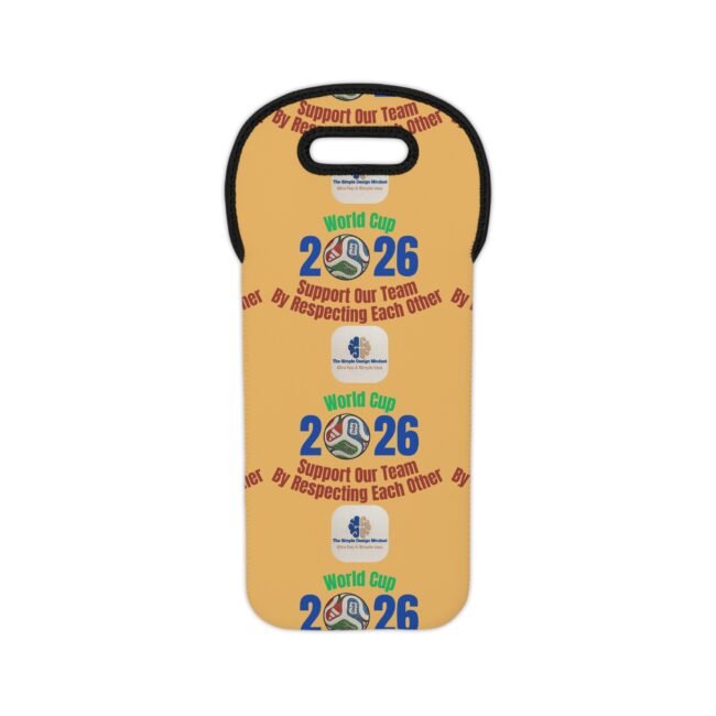 Orange badge-shaped promo with 'World Cup 2026' and soccer ball graphic; repeats 'Support Our Team By Respecting Each Other' on an orange background.