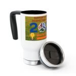 White ceramic mug with a colorful World Cup poster wraparound showing soccer imagery and a trophy, black interior visible at top edge and a detachable lid nearby.
