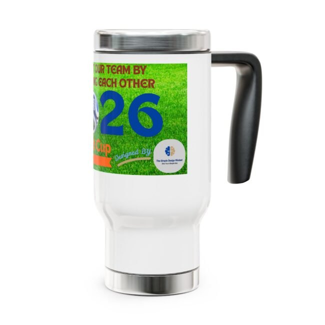 White ceramic mug with a bright green label showing the number 26 and red text, handle on the right side against a white background.