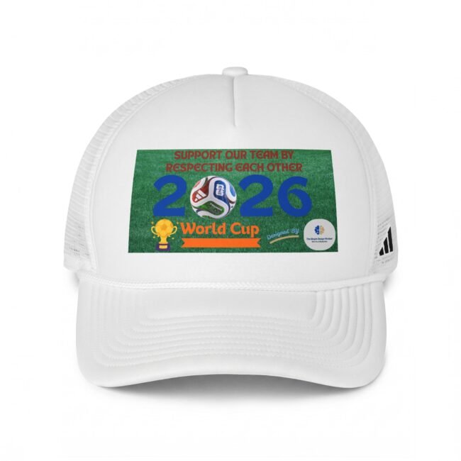 White baseball cap viewed from above with a green World Cup 2026 sticker on the front.
