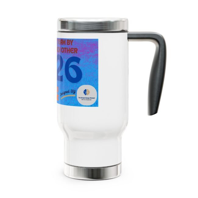 White ceramic mug with a silver lid and a blue graphic label on its side.
