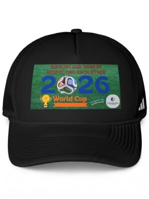 49370504793045808_2048jpeg | the Mindset Designed Close-up of a Black Backpack with a Green Poster Sticker Featuring a Soccer Ball and the Text 'world Cup 2026' and 'support Our Team by Respecting Each Other'.