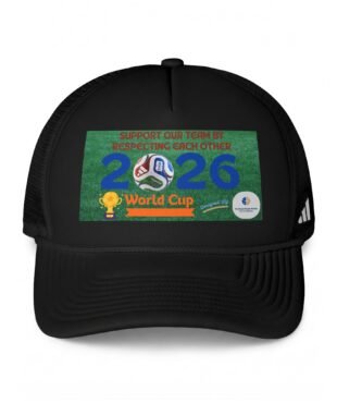 Close-up of a black backpack with a green poster sticker featuring a soccer ball and the text 'World Cup 2026' and 'Support our team by respecting each other'.