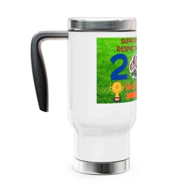 Close-up of a white mug with a black handle and a colorful sports-themed label partially visible on the side