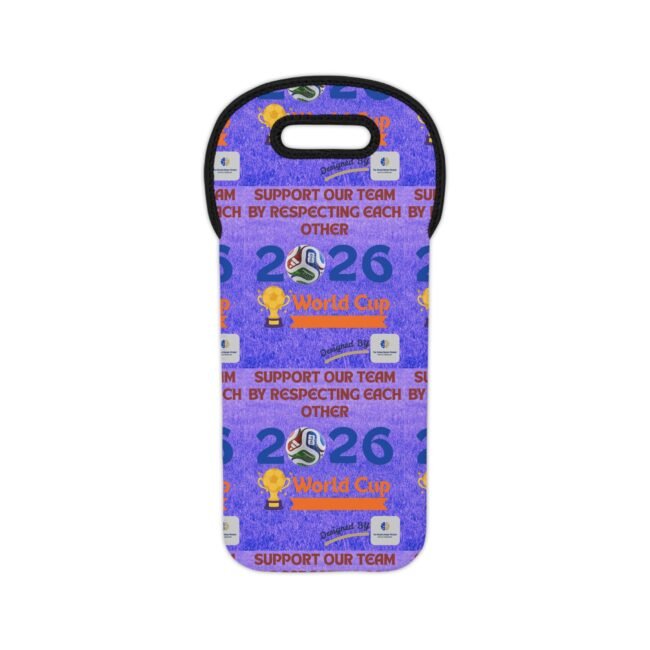 Purple backpack with World Cup theme, featuring soccer balls, trophies and the phrase 'Support Our Team' in orange letters.