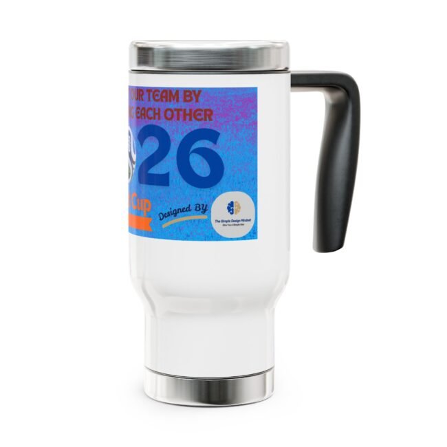White travel mug with a blue label and a metallic lid, handle on the right side.