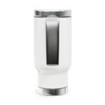 Close-up of a white and chrome spice grinder against a white background, showing a metallic top and a dark central band.