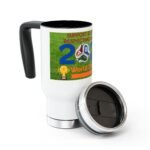 White mug with a colorful poster-like wrap showing a soccer ball and the text 'Support Our...' on a green field background.