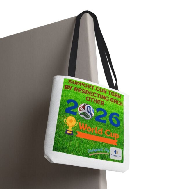 White tote bag with a bright green poster affixed, showing text like 'Support our team by respecting each other' and a soccer-themed graphic.