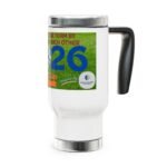 White mug with a black handle featuring a wraparound green label that shows the large blue number 26 and partial red text.