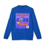 Blue sweatshirt displaying a purple poster graphic with the message, 'Support our team by respecting each other,' plus soccer imagery and '2026' text on the front.