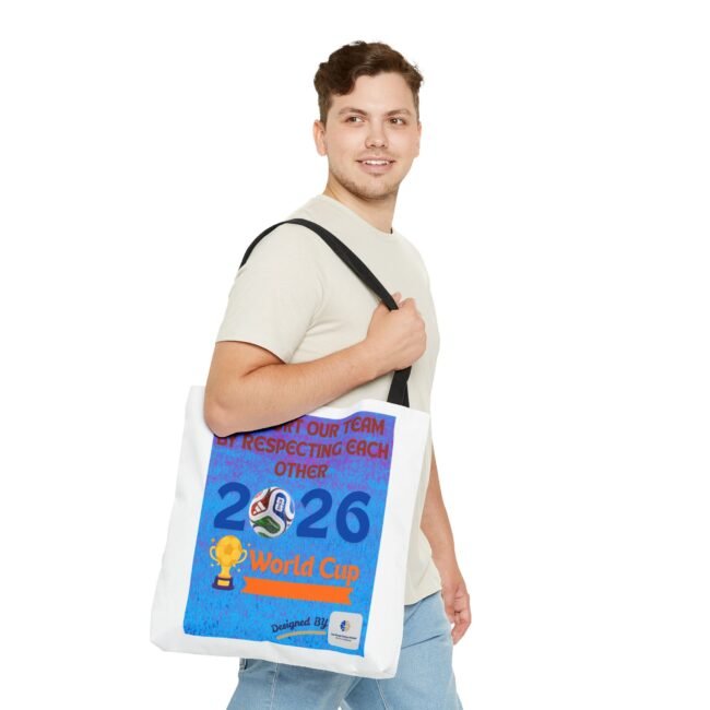 Smiling man in a light shirt carries a white tote bag with a blue World Cup 2026 poster across his chest against a white background.
