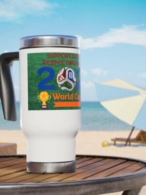 7529995589485092080_2048jpeg | the Mindset Designed White Travel Mug on a Wooden Table at the Beach, Displaying a Colorful World Cup Sticker and Blue Sky in the Background.