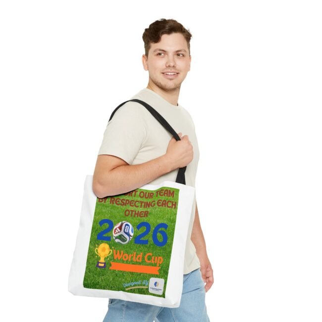 Man walking, carrying a white tote bag with a colorful poster featuring a World Cup 2026 design over his shoulder.