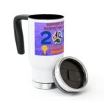 White mug with a purple World Cup–themed wrap showing a soccer ball and a trophy image on the side, handle on the left