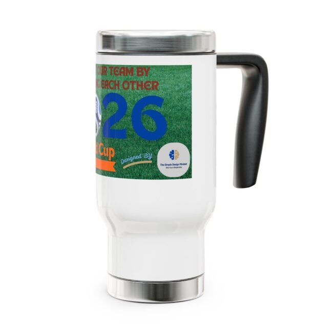 White mug with a green label showing large blue numbers and partial red text; black handle visible to the right.