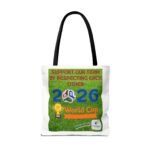 White tote bag with black handles hanging; front panel shows green poster urging support for a team and respect for others (text partially visible).