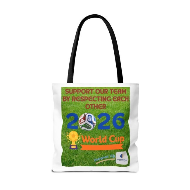 White tote bag with black handles hanging; front panel shows green poster urging support for a team and respect for others (text partially visible).