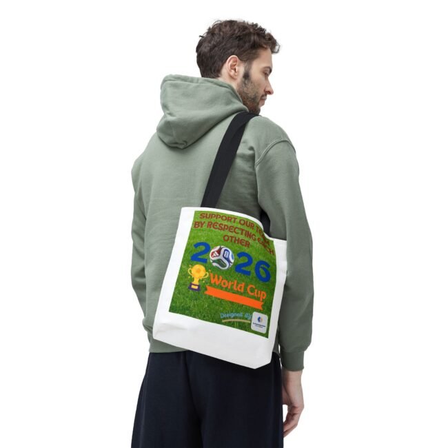 Side profile of a man in a green hoodie, carrying a white tote bag with a 2026 World Cup poster graphic.