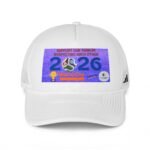 White baseball cap with a purple sticker reading 'World Cup 2026' on the front.