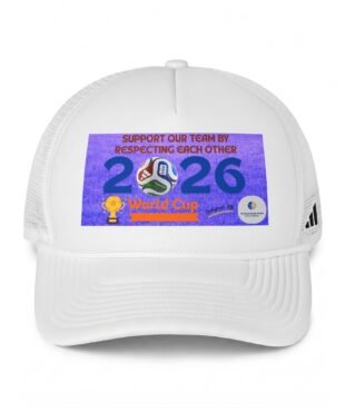 White baseball cap with a purple sticker reading 'World Cup 2026' on the front.