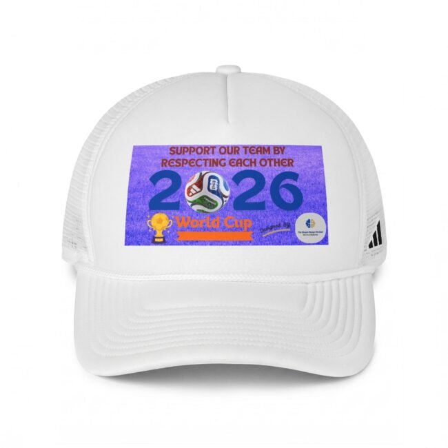 White baseball cap with a purple sticker reading 'World Cup 2026' on the front.