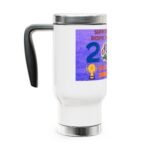 White insulated mug with black handle and a purple label showing the words 'SUPPORT' and 'RESPECT' and a trophy graphic.